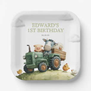 Assiettes En Carton Animaux de la ferme Tracteur vert Anniversaire