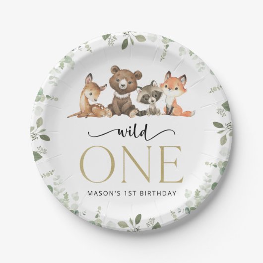 Assiettes En Carton Animaux des bois, Forêt, Un sauvage, Premier anniv (Devant)