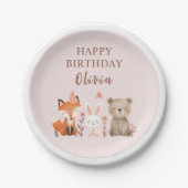 Assiettes En Carton Animaux des bois rose d'anniversaire (Devant)