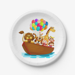 Assiettes En Carton Animaux mignons en bateau avec ballons