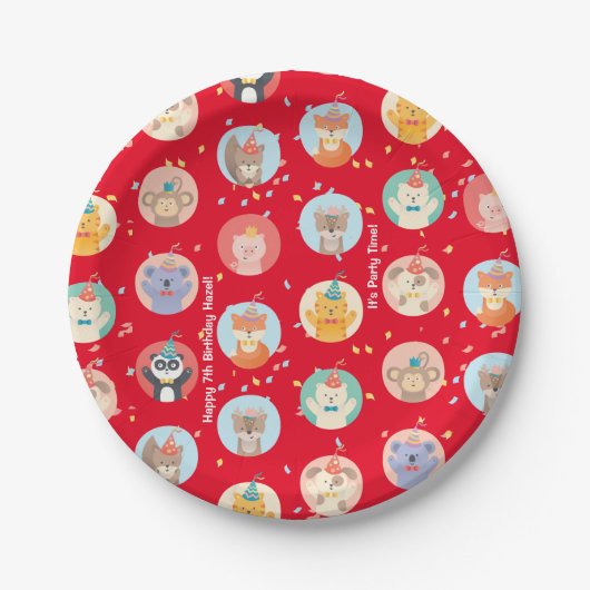 Assiettes En Carton Animaux mignons en Casquette de fête Enfants Rouge (Devant)