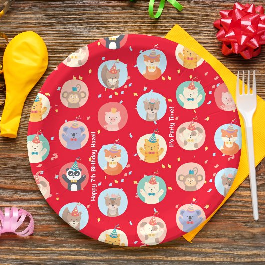 Assiettes En Carton Animaux mignons en Casquette de fête Enfants Rouge