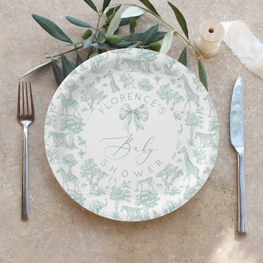 Assiettes En Carton Animaux Safari Toile Baby shower vert