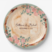 Assiettes En Carton Anneaux d'écorce en bois rustique Aquarelle rose R (Devant)