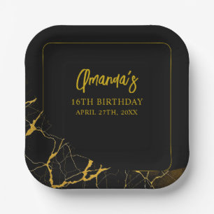 Assiettes En Carton Anniversaire 16 ans Fille Noir Et Or Marbré Frapan