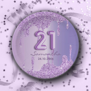 Assiettes En Carton Anniversaire 21 ans paillettes violettes qui coule