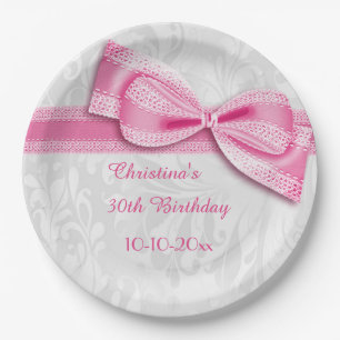 Assiettes En Carton Anniversaire 30 ans Rose Damassé et Nœud Papillon