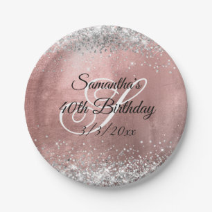 Assiettes En Carton Anniversaire 40 ans Feuille de Rose Gold Pailleté
