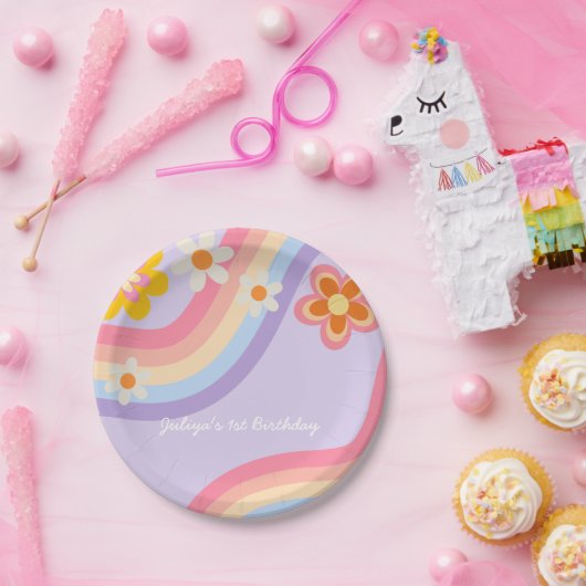 Assiettes En Carton Anniversaire Arc-en-ciel rétro (Fête)
