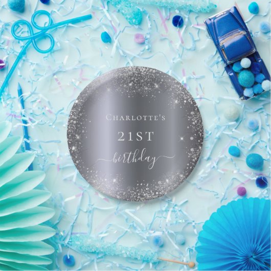 Assiettes En Carton Anniversaire argent parties scintillant monogramme (Fête)