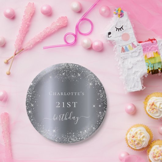Assiettes En Carton Anniversaire argent parties scintillant monogramme (Fête)