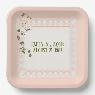 Assiettes En Carton Anniversaire Blanc Dentelle Sur Rose Pêche
