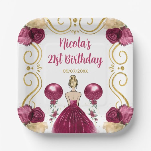 Assiettes En Carton Anniversaire Blonde Princesse en Bourgogne Rouge (Recto)