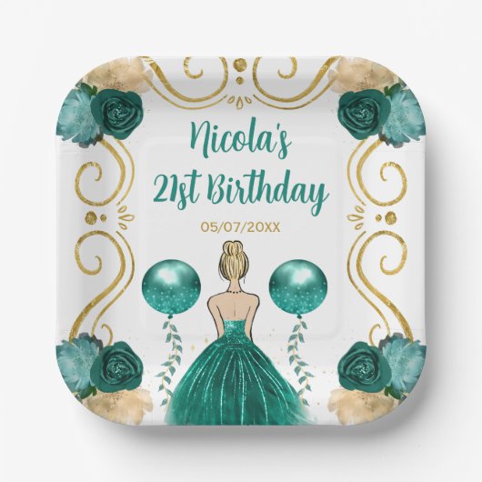 Assiettes En Carton Anniversaire Blonde Princesse en Turquoise (Recto)