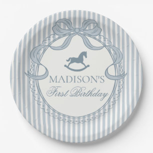 Assiettes En Carton Anniversaire Cheval à Bascule Ruban Coquette Bleu