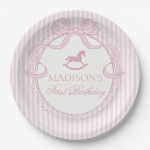 Assiettes En Carton Anniversaire Cheval à Bascule Ruban Coquette Rose
