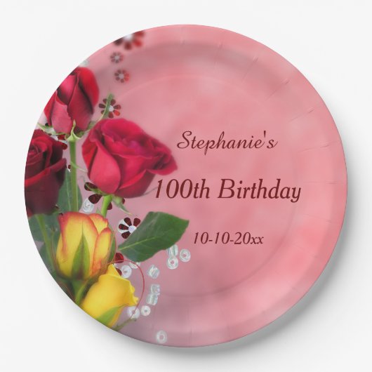 Assiettes En Carton Anniversaire chic de roses rouges et jaunes 100th (Devant)