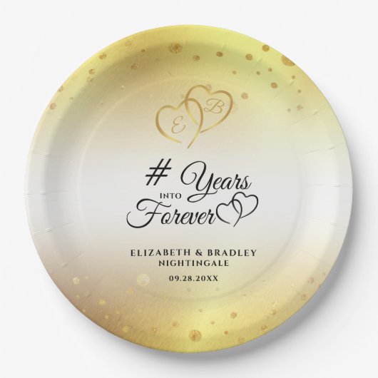 Assiettes En Carton Anniversaire Coeurs d'or # ANNÉES EN FOREVER (Devant)
