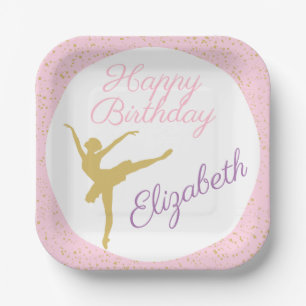 Assiettes En Carton Anniversaire de Ballerina rose et or