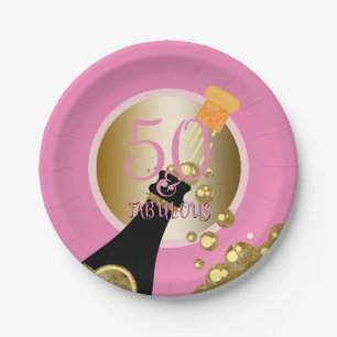 Assiettes En Carton Anniversaire de Champagne de l'or 50 rose fabuleux