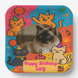 Assiettes En Carton Anniversaire de chat coloré avec photo et nom pers