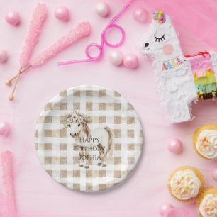 Assiettes En Carton Anniversaire de Cheval à Rayures à Carreaux Blanc