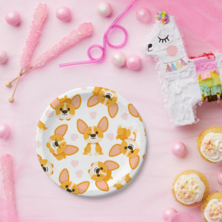 Assiettes En Carton Anniversaire de Corgi Mignon avec des Cœurs