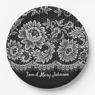 Assiettes En Carton Anniversaire De Dentelle Blanche Sur Noir