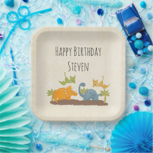 Assiettes En Carton Anniversaire de Dinosaures Mignons Faune Préhistor