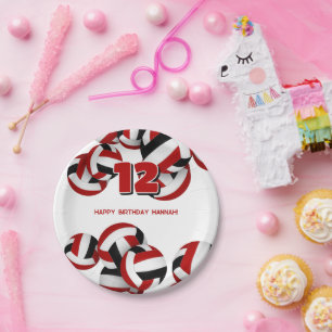 Assiettes En Carton anniversaire de enfant de volley-ball noir rouge