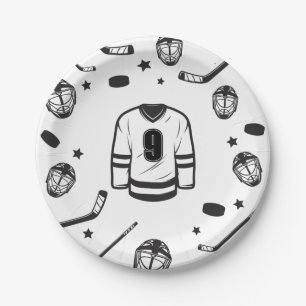 Assiettes En Carton Anniversaire de hockey noir et blanc