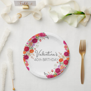 Assiettes En Carton Anniversaire de jardin floral rose et orange color