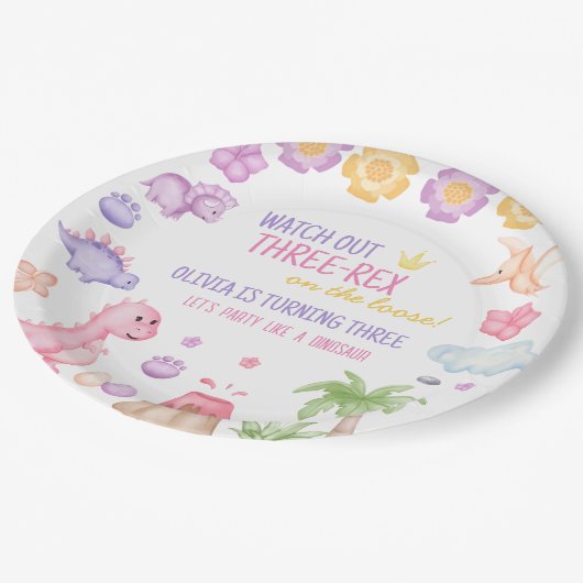 Assiettes En Carton Anniversaire de la fille Dinosaur (Angle)