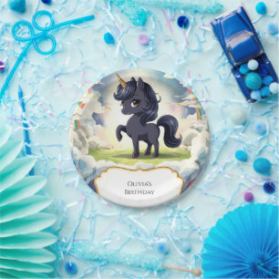 Assiettes En Carton Anniversaire de la licorne noire enchantée