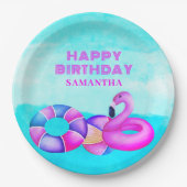 Assiettes En Carton Anniversaire de la Piscine Rose (Devant)