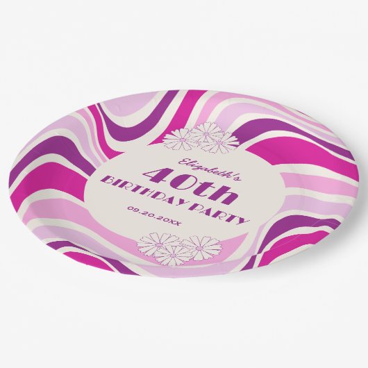Assiettes En Carton Anniversaire de la vague rétro violet rose (Angle)