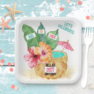 Assiettes En Carton Anniversaire de l'ananas Palm Hibiscus Cocktail tr