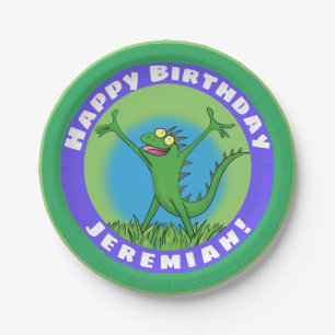 Assiettes En Carton Anniversaire de lézard d'iguane animé vert amusant