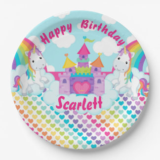 Assiettes En Carton Anniversaire de licorne d'arc-en-ciel joyeux