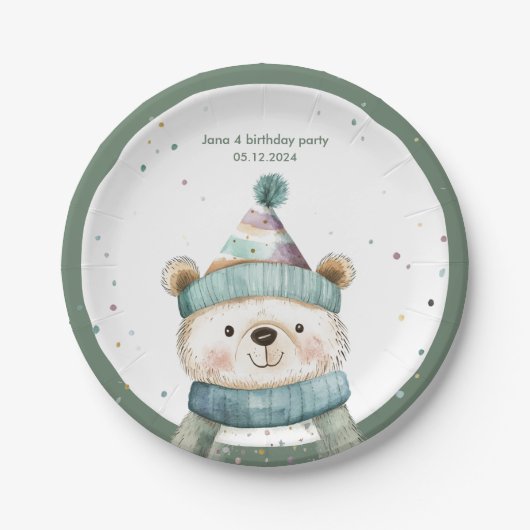 Assiettes En Carton Anniversaire de l'ours vert | Winter Wonderland (Devant)