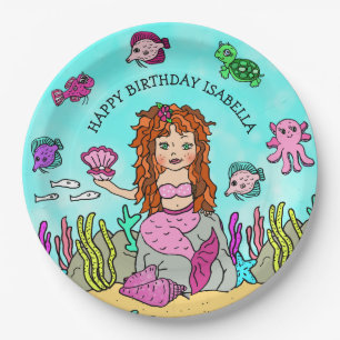Assiettes En Carton Anniversaire de sirène dessiné à la main personnal