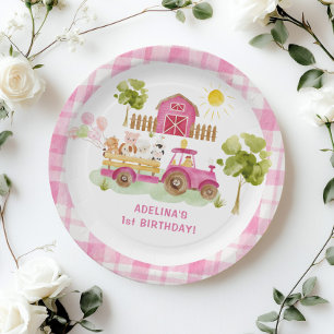 Assiettes En Carton Anniversaire des animaux de ferme roses