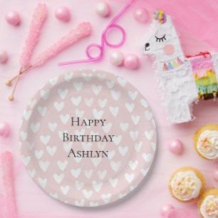 Assiettes En Carton Anniversaire des Coeurs blancs roses