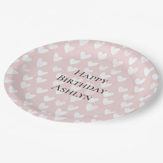 Assiettes En Carton Anniversaire des Coeurs blancs roses (Angle)