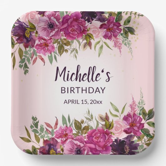 Assiettes En Carton Anniversaire des filles de fleurs rose violet (Recto)