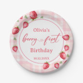 Assiettes En Carton Anniversaire des fraises roses En vichy (Devant)