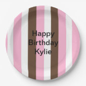 Assiettes En Carton Anniversaire des rayures rose, chocolat et blanche (Devant)