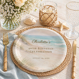 Assiettes En Carton Anniversaire d'été sur la plage côtière
