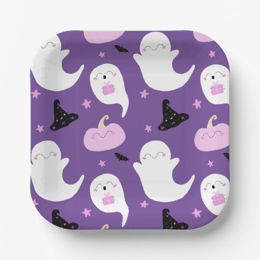 Assiettes En Carton Anniversaire d'Halloween mou et rose (Recto)