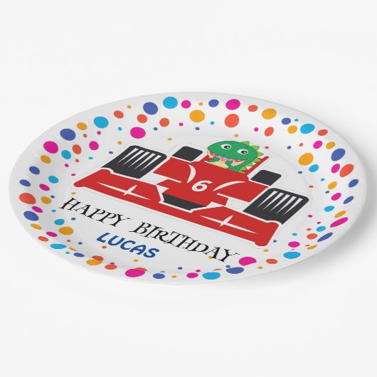 Assiettes En Carton Anniversaire Dinosaur race voiture garçon course r (Angle)